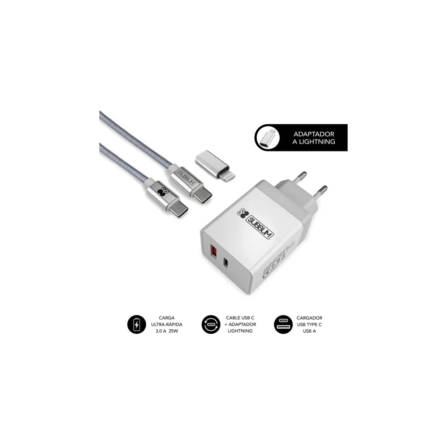 10963-SUBBLIM CARGADOR ULTRA RAPIDO 2xUSB DE PARED PD25W+QC3.0+Cable C to C y lightning Blanco