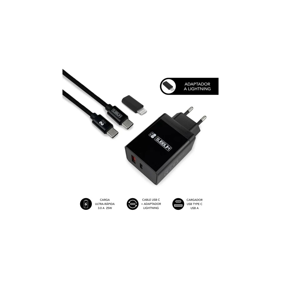 10965-SUBBLIM CARGADOR ULTRA RAPIDO 2xUSB DE PARED PD25W+QC3.0+Cable C to C y lightning Negro