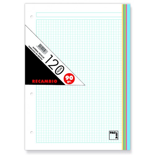 1231-RECAMBIO DE COLORES  90 GRS. A-4 (210X297MM.) 120 HOJAS CUADRICULA 5X5 + GRECA 5 COLORES PACSA 21180