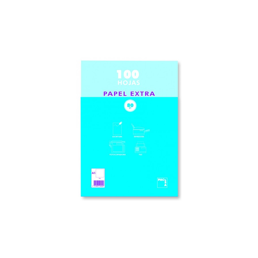 1238-PAQUETE PAPEL EXTRA BLANCO SATINADO 100 HOJAS 80 GRS. A-5 (148X210MM.) LISO PACSA 21814 1238-PAQUETE PAPEL EXTRA BLANCO SATINADO 100 HOJAS 80 GRS. A-5 (148X210MM.) LISO PACSA 21814