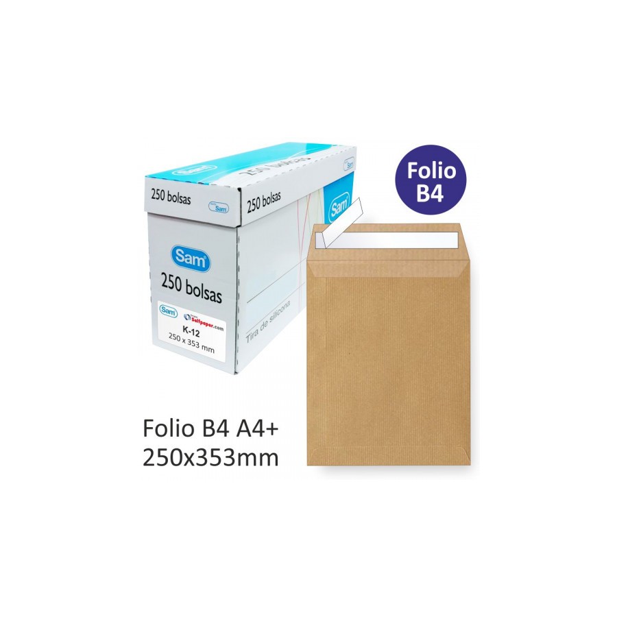 1263-CAJA 250 BOLSAS DIN B4 FOLIO (250X353) KRAFT 90 GRS. AUTOSAM AUTOADHESIVO CON TIRA DE SILICONA SAM 145607 1263-CAJA 250 BOLSAS DIN B4 FOLIO (250X353) KRAFT 90 GRS. AUTOSAM AUTOADHESIVO CON TIRA DE SILICONA SAM 145607