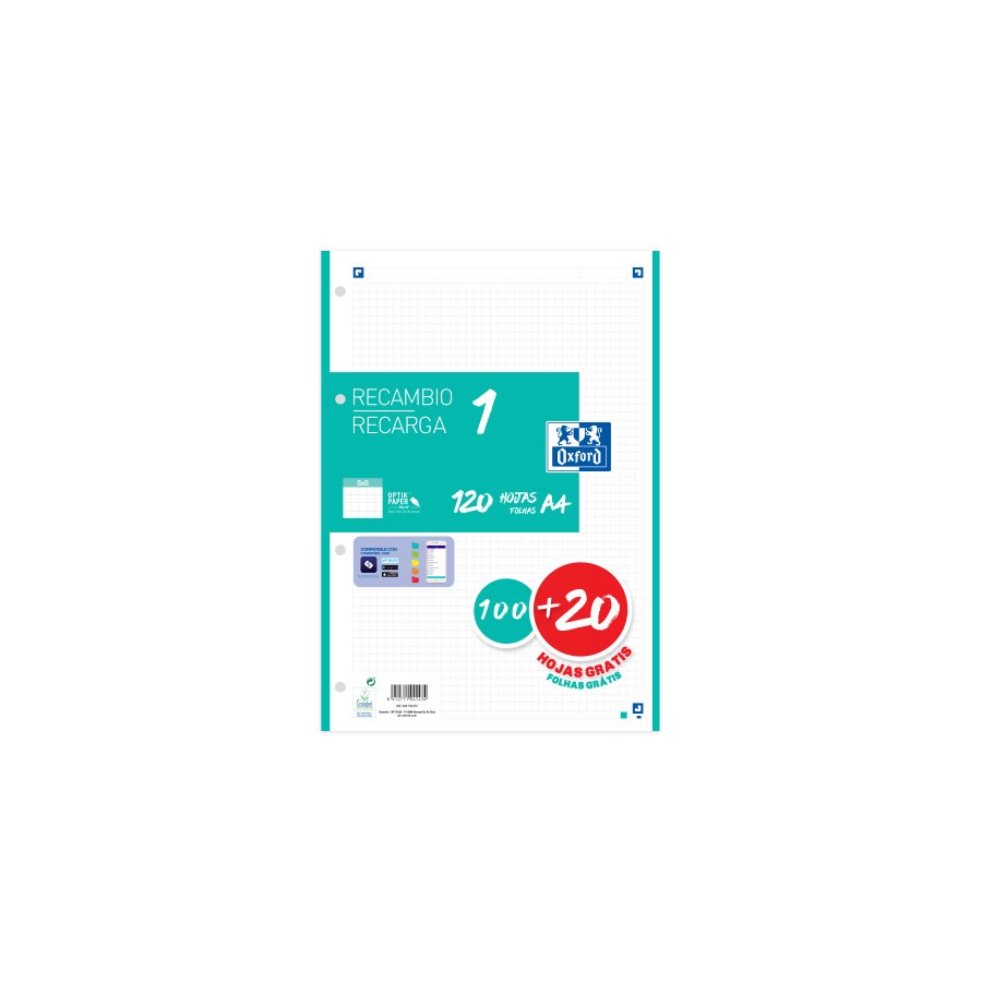 13022-RECAMBIO COLOR 1 A4  100+20 HOJAS 5X5 ICE MINT 90GRS OXFORD 400158057