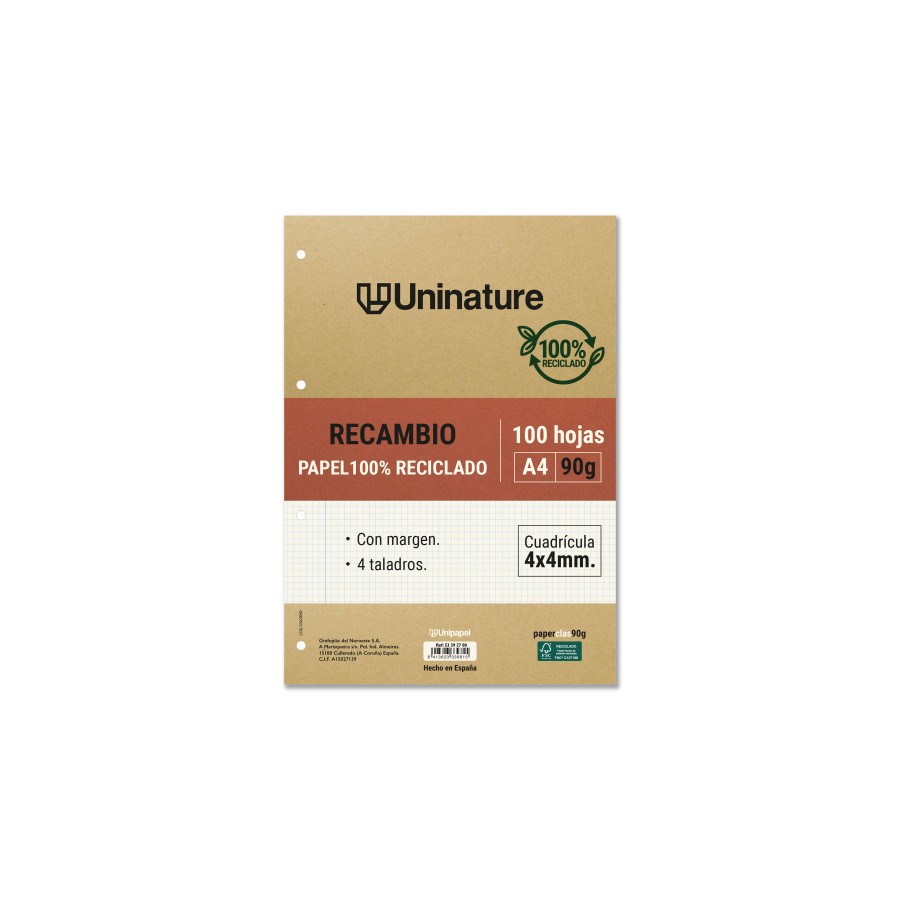 14574-RECAMBIO RECICLADO A4 100 HOJAS 90GR CUADRICULA 4X4 MM CON TALADROS UNINATURE 53392700 14574-RECAMBIO RECICLADO A4 100 HOJAS 90GR CUADRICULA 4X4 MM CON TALADROS UNINATURE 53392700