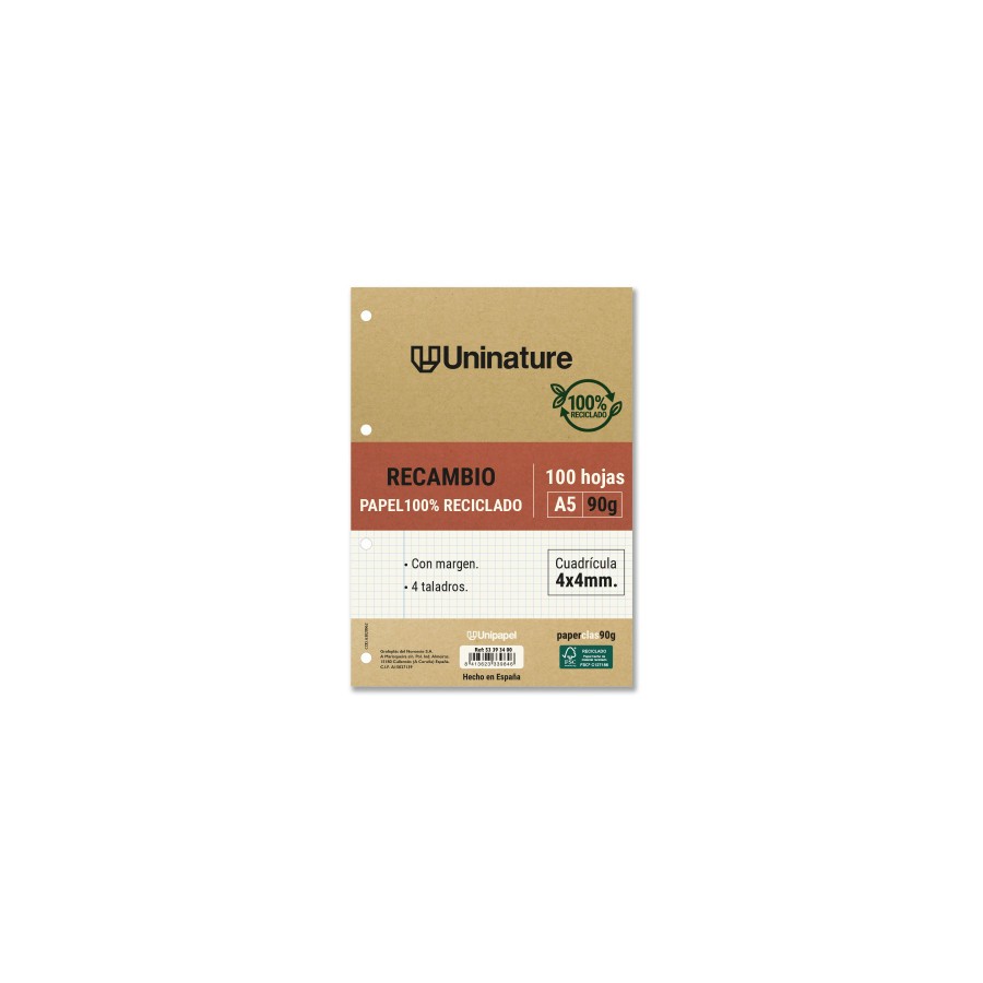 14575-RECAMBIO RECICLADO A5 100 HOJAS 90GR CUADRICULA 4X4 MM CON TALADROS UNINATURE 53393400 14575-RECAMBIO RECICLADO A5 100 HOJAS 90GR CUADRICULA 4X4 MM CON TALADROS UNINATURE 53393400