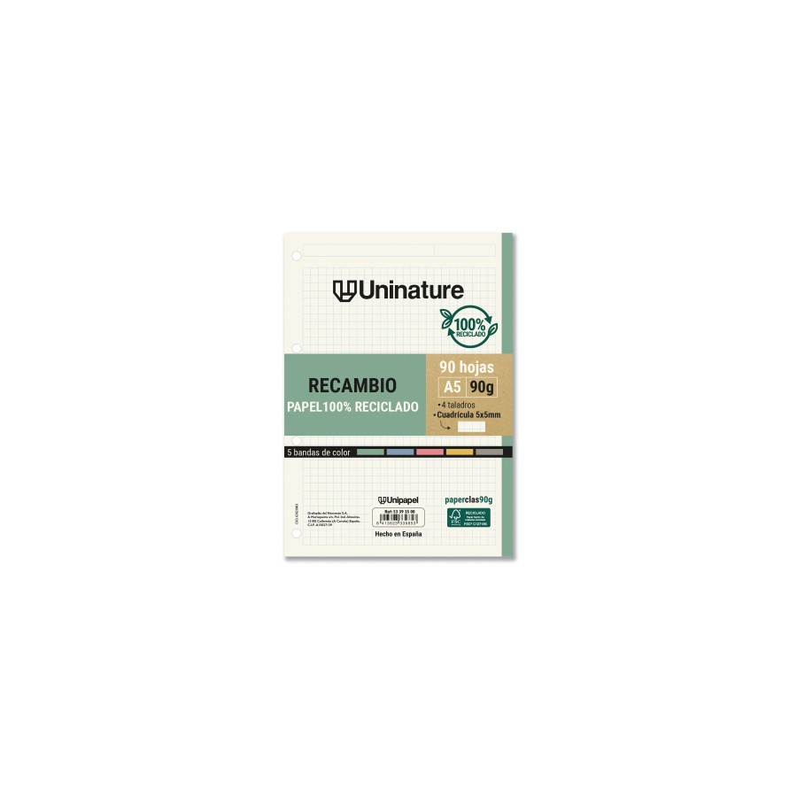 14576-RECAMBIO RECICLADO A5 90 HOJAS 90GR CUADRICULA 5X5 MM CON TALADROS 5 BANDAS COLOR UNINATURE 53393500 14576-RECAMBIO RECICLADO A5 90 HOJAS 90GR CUADRICULA 5X5 MM CON TALADROS 5 BANDAS COLOR UNINATURE 53393500