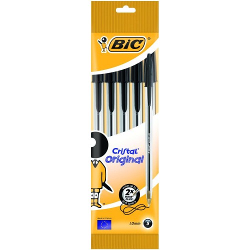 1493-BOLSA 5 BOLIGRAFOS CRISTAL CON CUERPO TRANSPARENTE TRAZO 0,4MM. NEGRO BIC 802051