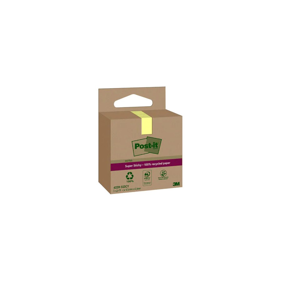 15523-PACK 3 BLOCS 70 HOJAS NOTAS RECICLADAS ADHESIVAS 47,6X47,6MM SUPER STICKY AMARILLO PASTEL CAJA CARTON 622 RSS3CY P