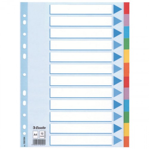 1710-SEPARADOR DE CARTON CON CARATULA INDICE 12 POSICIONES FORMATO A4 COLORES VIVOS ESSELTE 100194