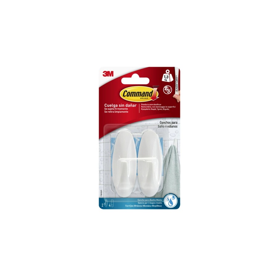 20288-BLISTER 2 GANCHOS ADHESIVOS MEDIANOS HASTA 1,3KG BLANCO PARA BANO COMMAND 17081B 3M 7100121117