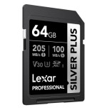 20331-LEXAR 64GB PROFESSIONAL SILVER PLUS SDXC UHS-I CARDS,  UP TO 205MB/S READ 100MB/S WRITE C10 V30 U3