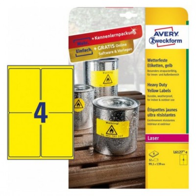 PAQUETE 8 HOJAS ETIQUETAS AMARILLAS DE POLIeSTER IMPRESORAS LaSER LaSER DE COLOR 991 X 139 MM AVERY L6127 8