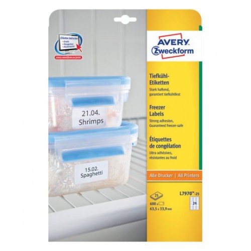2268-PAQUETE 25 HOJAS ETIQUETAS PARA EL CONGELADOR-IMPRESORAS LASER, INYECCION DE TINTA Y FOTOCOPIADORAS-63,5 X 33,9 MM