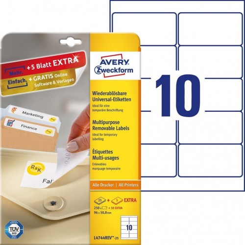 2283-PAQUETE 25 HOJAS ETIQUETAS DESPEGABLES ECOLOGICAS, CERTIFICADAS FSC-IMPRESORAS LASER-96X 50,8 MM AVERY L4744REV-25