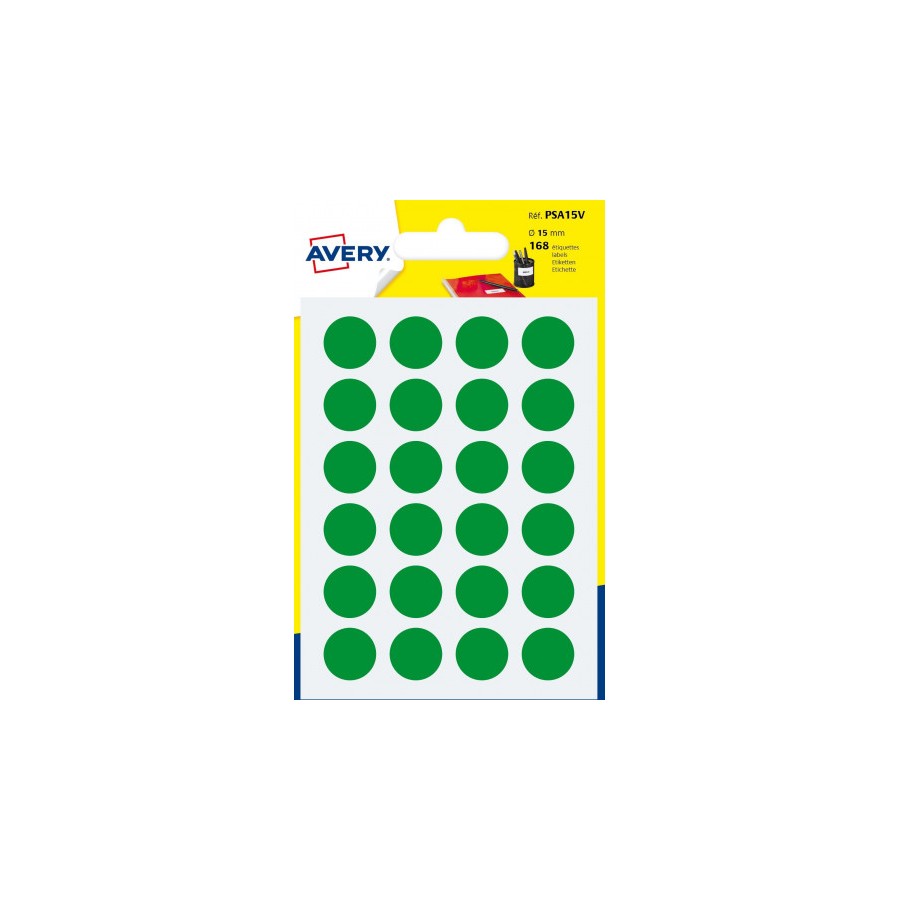 2286-PAQUETE 7 HOJAS ETIQUETAS REDONDAS GOMETS VERDES 15MM DIAMETRO AVERY PSA15V