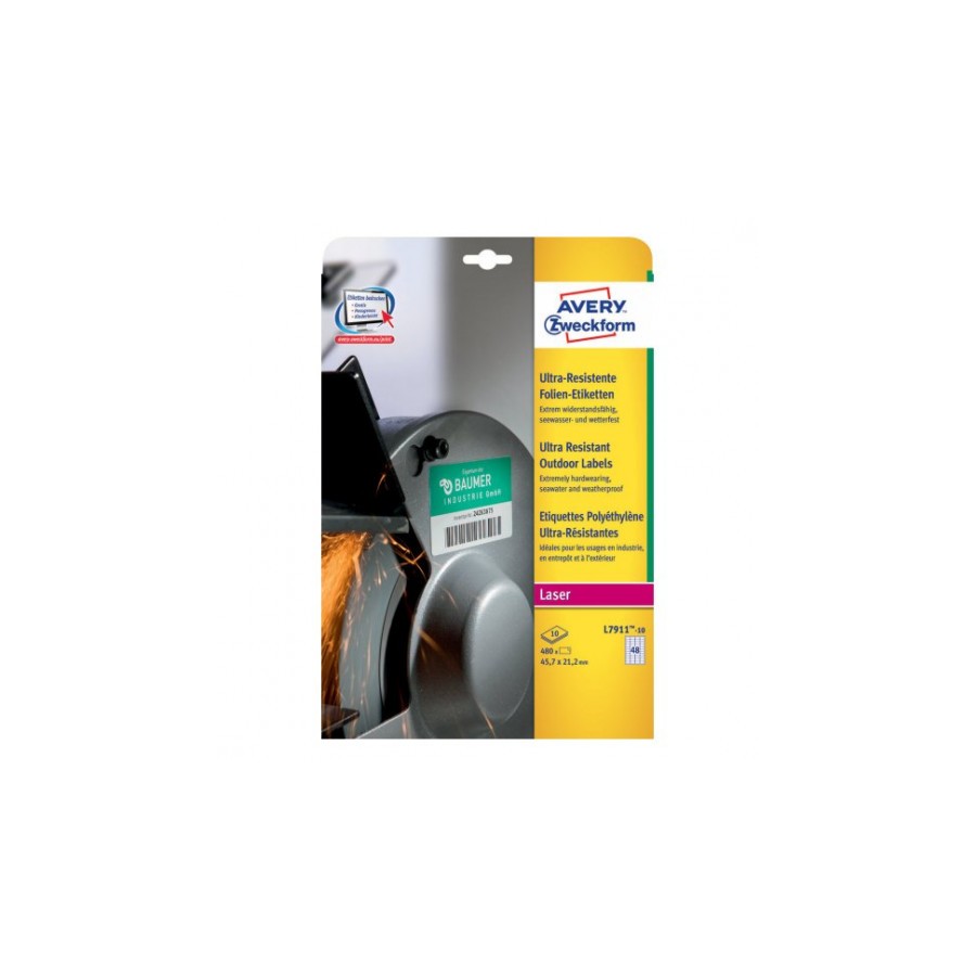 2294-PAQUETE 10 HOJAS ETIQUETAS MUY RESISTENTES DE POLIETILENO FLEXIBLE-45,7 X 21,2 MM AVERY L7911-10 2294-PAQUETE 10 HOJAS ETIQUETAS MUY RESISTENTES DE POLIETILENO FLEXIBLE-45,7 X 21,2 MM AVERY L7911-10