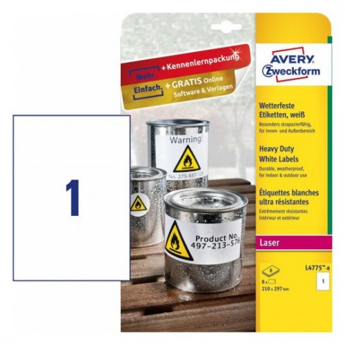 2304-PAQUETE 8 HOJAS ETIQUETAS DE POLIESTER BLANCO-IMPRESORAS LASER-210X297 MM AVERY L4775-8