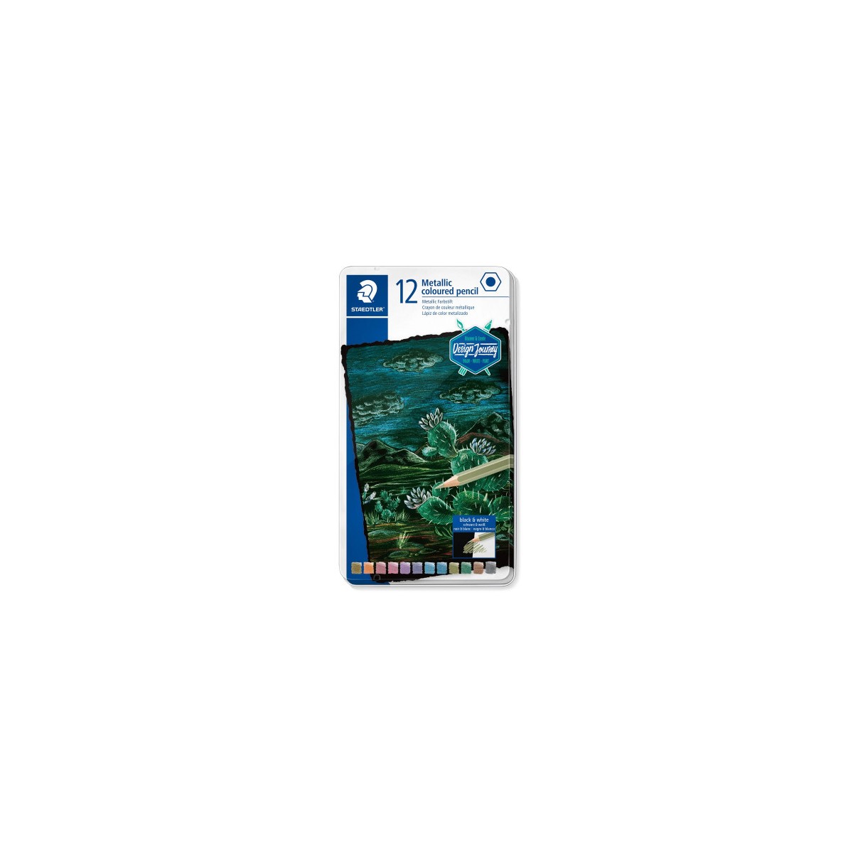 ESTUCHE METALICO CON 12 LAPICES DE COLORES METALICOS DESIGN JOURNEY 146M M12