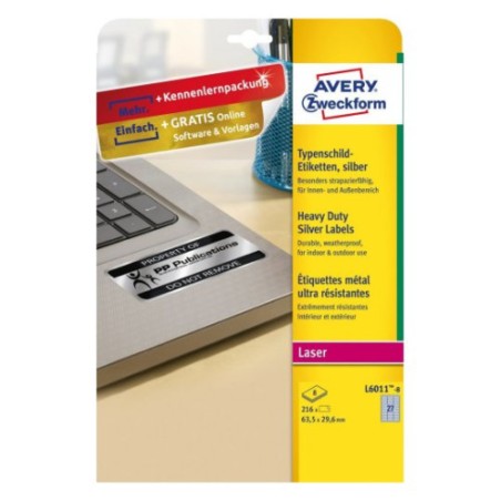 2309-PAQUETE 8 HOJAS ETIQUETAS PLATEADAS DE POLIESTER-IMPRESORAS LASER-63,5X29,6 MM AVERY L6011-8