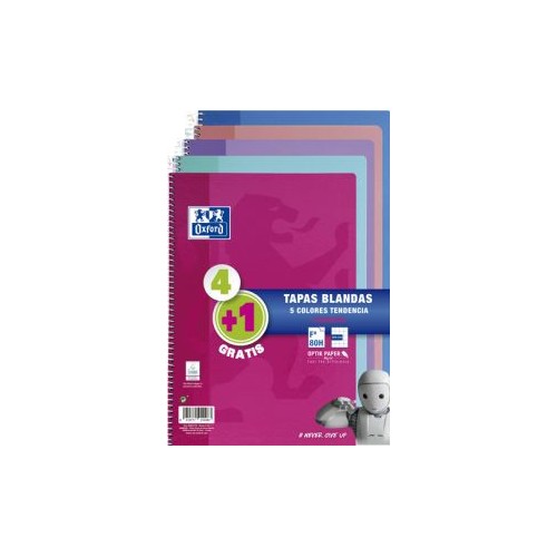 24471-PACK 4+1 CUADERNO ESPIRAL TAPA BLANDA FOLIO 80 HOJAS 4X4 CON MARGEN COLORES TENDENCIA OXFORD 400072719