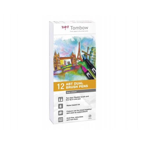 2463-ESTUCHE 12 ROTULADORES DOBLE PUNTA PINCEL GAMA DE GRISES TOMBOW ABT-12P-3