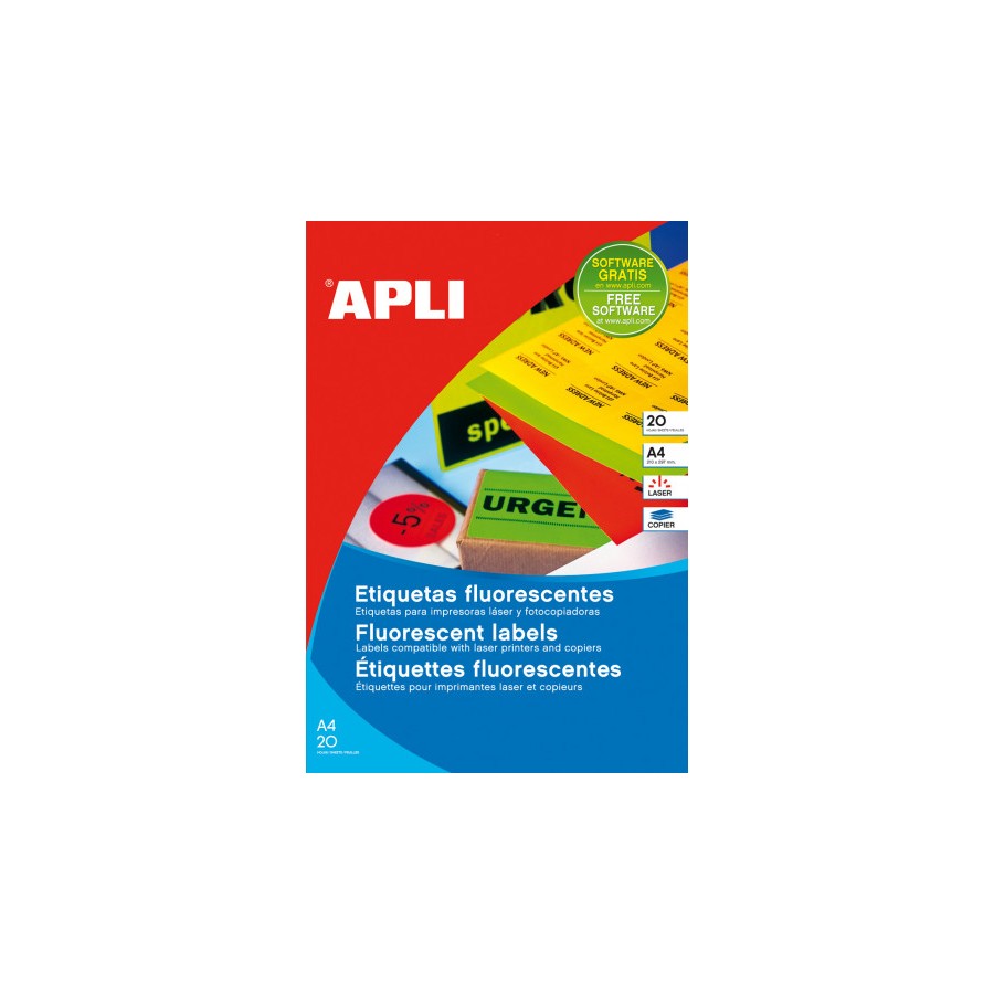 25332-PACK 20 HOJAS (20UD.)ETIQUETAS NARANJA FLUORESCENTE PERMANENTES 210,0 X 297,0 MM APLI 2879