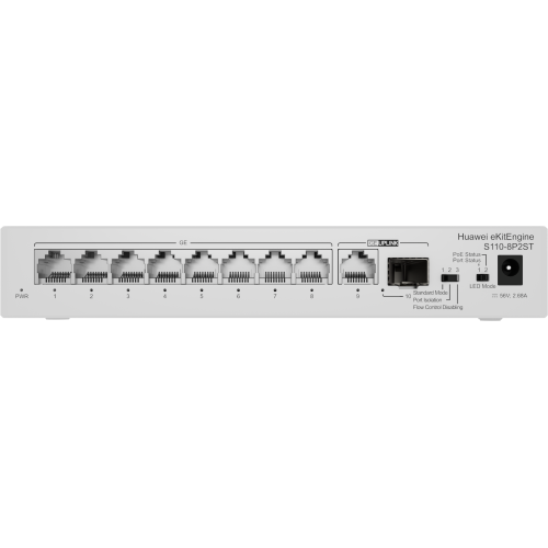 28143-HUAWEI S110-8P2ST ( 8 10/100/1000 BASE-T PORTS POE+ 1GE SFP PORT, 1*10/100/ 100BASE T PORT, AC POWER, POWER ADAPTE