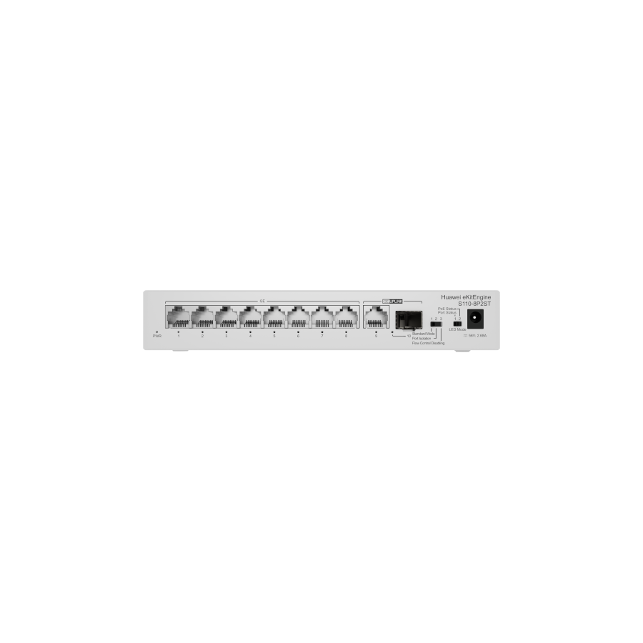 28143-HUAWEI S110-8P2ST ( 8 10/100/1000 BASE-T PORTS POE+ 1GE SFP PORT, 1*10/100/ 100BASE T PORT, AC POWER, POWER ADAPTE