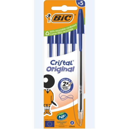29090-BOLSA 5 BOLIGRAFOS CRISTAL CON CUERPO TRANSPARENTE TRAZO 0,4MM. AZUL BIC 802052