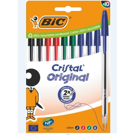 29091-BLISTER CARTON 10 BOLIGRAFOS CRISTAL CON CUERPO TRANSPARENTE TRAZO 0,4MM. COLORES SURTIDOS BIC 516354