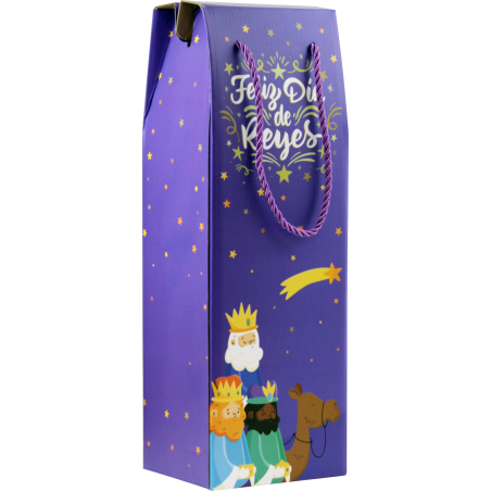 29977-CAJA CON ASA MENSAJES EFECTO MADERA BOTELLERO REYES MAGOS (13X36X10 CM) COLORES SURTIDOS BISMARK 333603