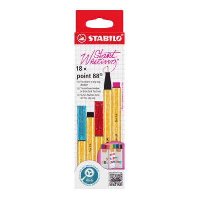 ESTUCHE CARTON ZIG ZAG ROTULADOR PUNTA FINA 04MM POINT 88 CON 18 UNIDADES COLORES SURTIDOS STABILO 8818 5
