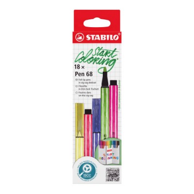 ESTUCHE CARTON ZIG ZAG ROTULADORES PUNTA FIBRA MEDIA 1MM PEN 68 CON 18 UNIDADES COLORES SURTIDOS STABILO 6818 8