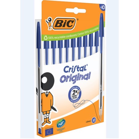 30747-BLISTER CARTON 10 BOLIGRAFOS CRISTAL CON CUERPO TRANSPARENTE TRAZO 0,4MM. AZUL BIC 516352