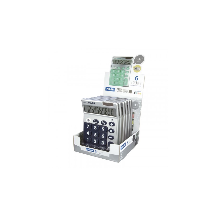 3176-EXPOSITOR 6 CALCULADORAS 10 DIGITOS SILVER COLORES SURTIDOS MILAN 159906SL