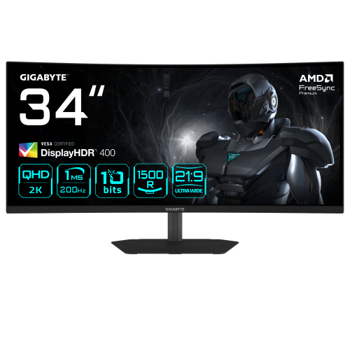 32404-GIGABYTE G34WQC2 Monitor Gaming Curvo 34" WQHD - 3440 x 1440, 1500R, 200Hz, 1ms, 450 cd/m2, AMD FreeSync Premium,