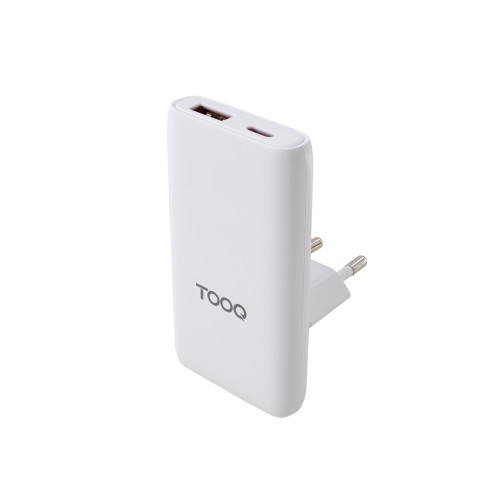 32742-TooQ Cargador de viaje Tipo C y Tipo A, GaN 65W, USB-C/PD + USB-A/QC, Blanco