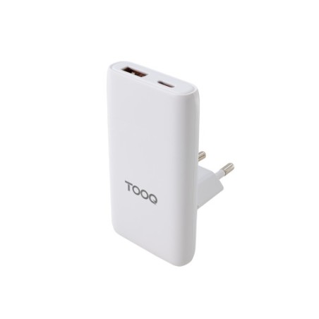 32742-TooQ Cargador de viaje Tipo C y Tipo A, GaN 65W, USB-C/PD + USB-A/QC, Blanco