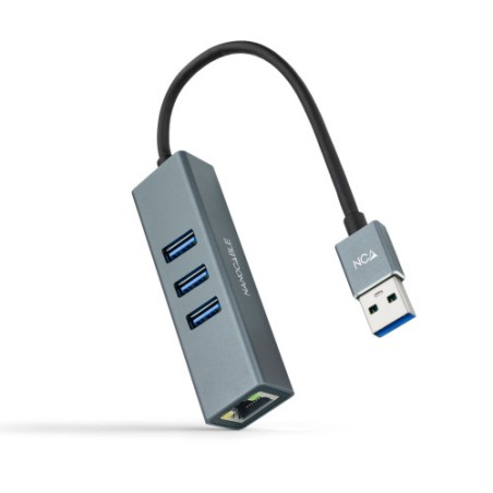 32837-Nanocable Conversor USB 3.0 a Ethernet Gigabit + 3XUSB 3.0, Aluminio, Gris, 15 cm