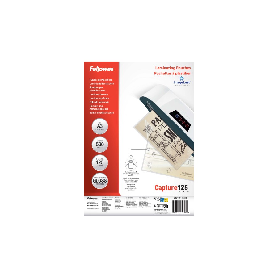 34816-PACK 500 FUNDAS PLASTIFICAR 125 MICRAS BRILLO A3 (303X426 MM) FELLOWES 100144250