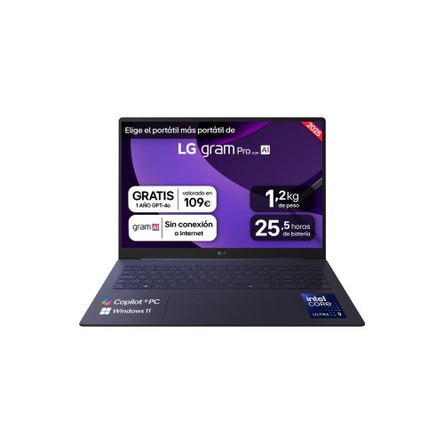 34897-PORTATIL LG, 16", GRAM PRO 16Z90TS-G.AU99B, INTEL CORE ULTRA  9, 3,3 GHZ, 40,6 CM, 2560 X 1600 PIXELES, 32 GB, 1 T
