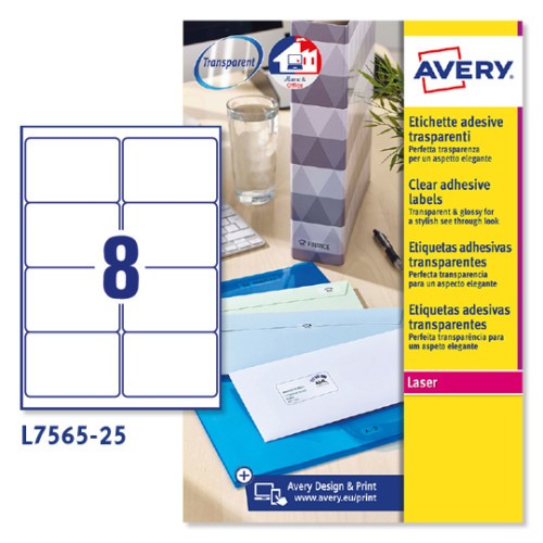 3846-PAQUETE 25 HOJAS ETIQUETAS TRANSPARENTES QUICKPEEL-IMPRESORAS LASER 99,1X67,7 MM AVERY L7565-25