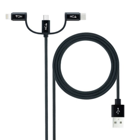 39575-Nanocable Cable USB 3 en 1 Carga/Datos USB-A a USB-C/Micro USB/Lightning 1 m, Negro