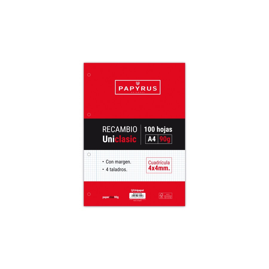 5403-RECAMBIO PAQUETE 100 HOJAS A4 UNICLASIC 90 GR. 4X4 CON MARGEN PAPYRUS 53391000 5403-RECAMBIO PAQUETE 100 HOJAS A4 UNICLASIC 90 GR. 4X4 CON MARGEN PAPYRUS 53391000
