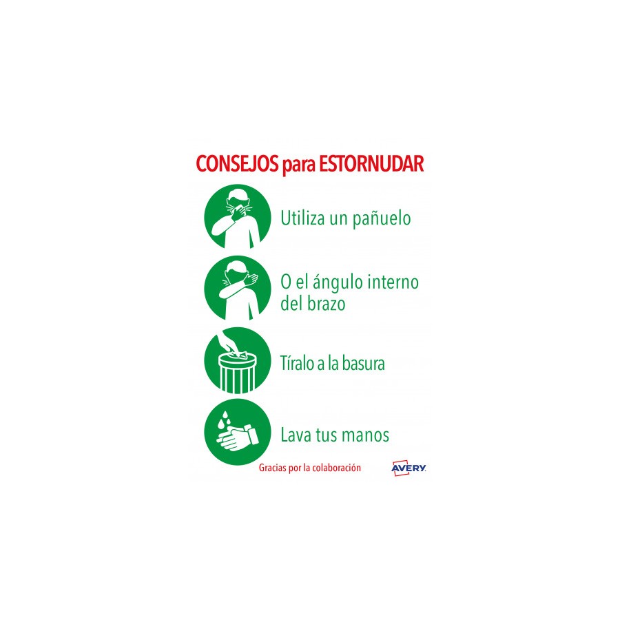 5625-SENALES ADHESIVOS PREIMPRESO  "CONSEJO PARA ESTORNUDAR" SOBRE DE 2 HOJAS EN A4 AVERY AV_KITCOVID5_ES