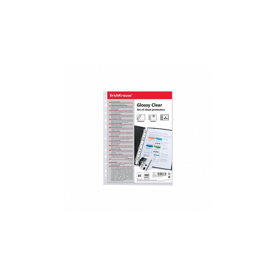7038-SET DE 100 FUNDAS MULTITALADRAS GLOSSY CLEAR, 60 MCM, A4, TRANSPARENTE ERICH KRAUSE 46703