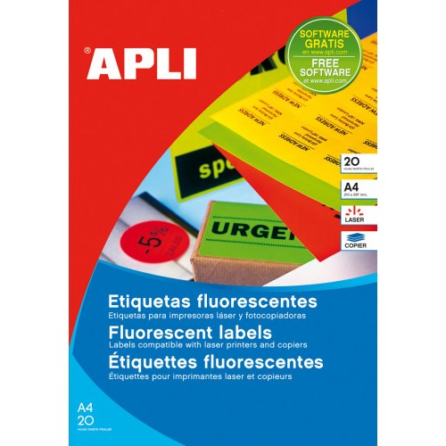 7294-PACK 20 HOJAS (20UD.)ETIQUETAS VERDE FLUORESCENTE PERMANENTES 210,0 X 297,0 MM APLI 2881