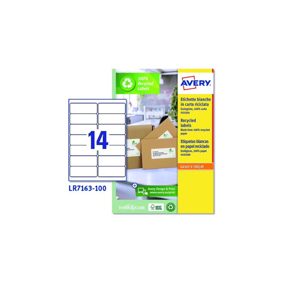 7305-CAJA 100 ETIQUETAS BLANCAS RECICLADAS - QUICKPEEL - IMPRESORAS LASER 99,1X38,1MM - 14 ETIQUETAS POR HOJA AVERY LR71 7305-CAJA 100 ETIQUETAS BLANCAS RECICLADAS - QUICKPEEL - IMPRESORAS LASER 99,1X38,1MM - 14 ETIQUETAS POR HOJA AVERY LR71