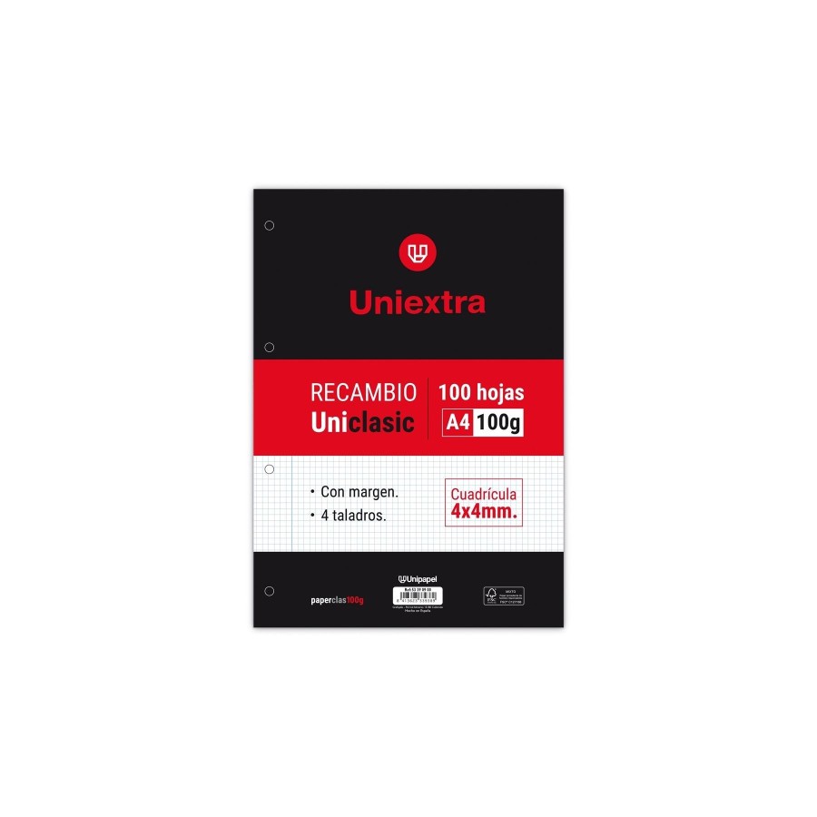 8730-RECAMBIO UNIEXTRA A4 UNICLASIC 100 HOJAS 100G 4X4 C/M PAPYRUS 53390900 8730-RECAMBIO UNIEXTRA A4 UNICLASIC 100 HOJAS 100G 4X4 C/M PAPYRUS 53390900