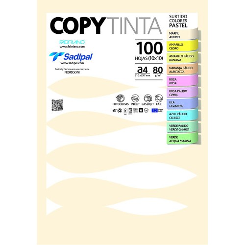 9741-PAQUETE 100 HOJAS A4 80G COLORES SURTIDOS PASTEL (10 HOJAS x COLOR) FABRIANO 11302